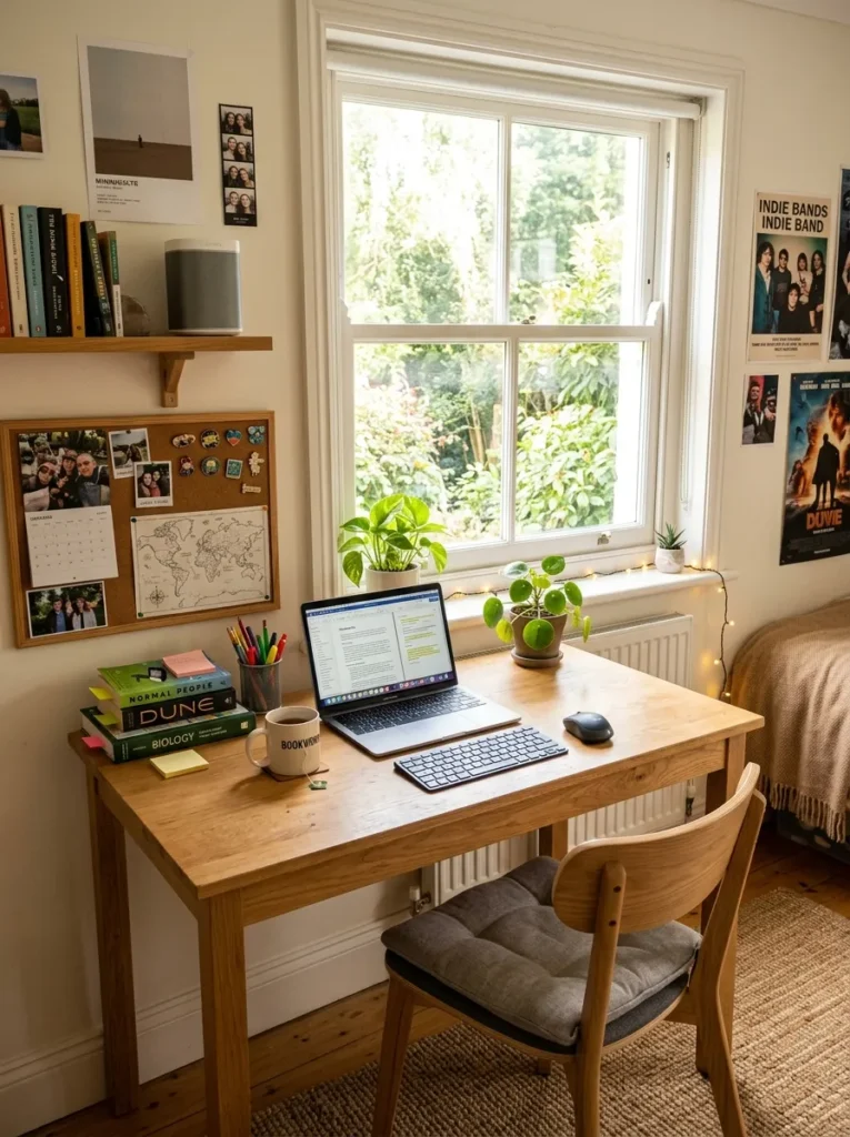 Minimal wooden desk placed beneath a window for natural light
