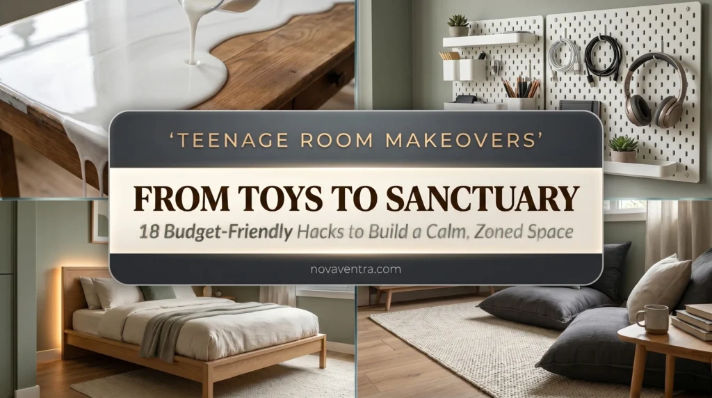 Teenage room makeover ideas featuring poured resin desks, modular pegboards, hidden LED lighting, and cozy floor cushions.