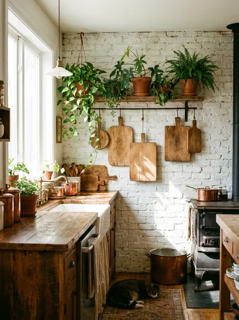 Whitewashed painted brick backsplash with hanging plants and wood decor
