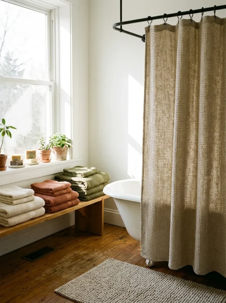 Oatmeal colored waffle weave linen shower curtain on a black iron rod