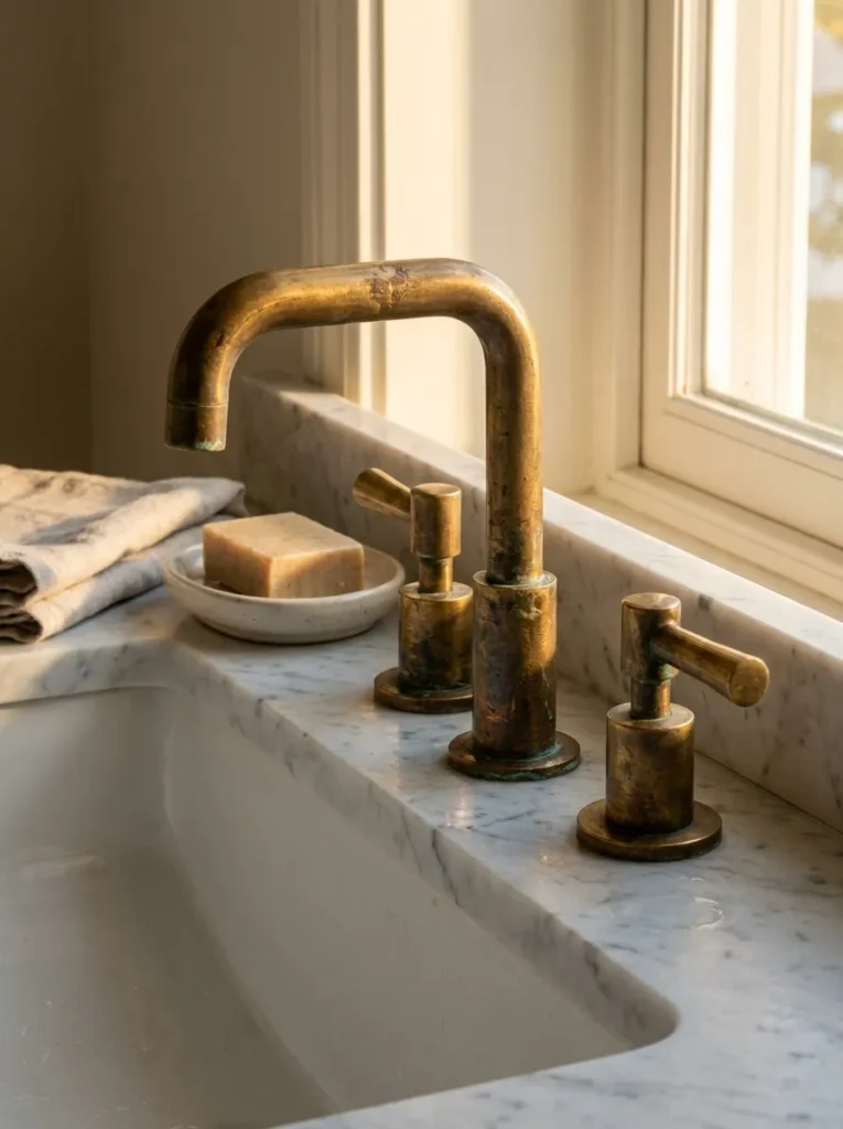 Aged unlacquered brass faucet with natural patina on a stone countertop