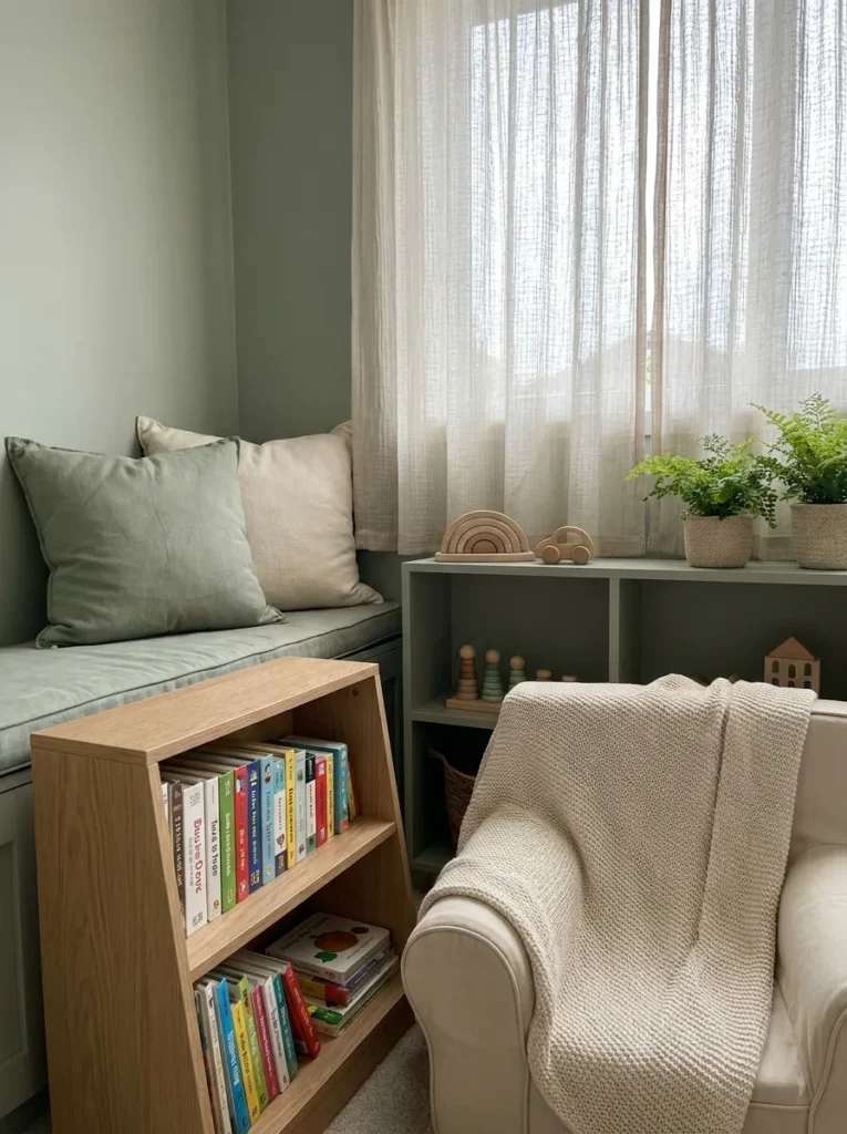 Soothing sage green and cream toddler reading corner with low wooden frames