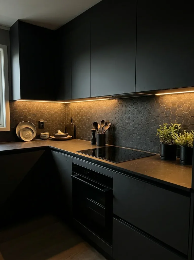 Tone on tone dark kitchen with matte black tiles and under cabinet lighting