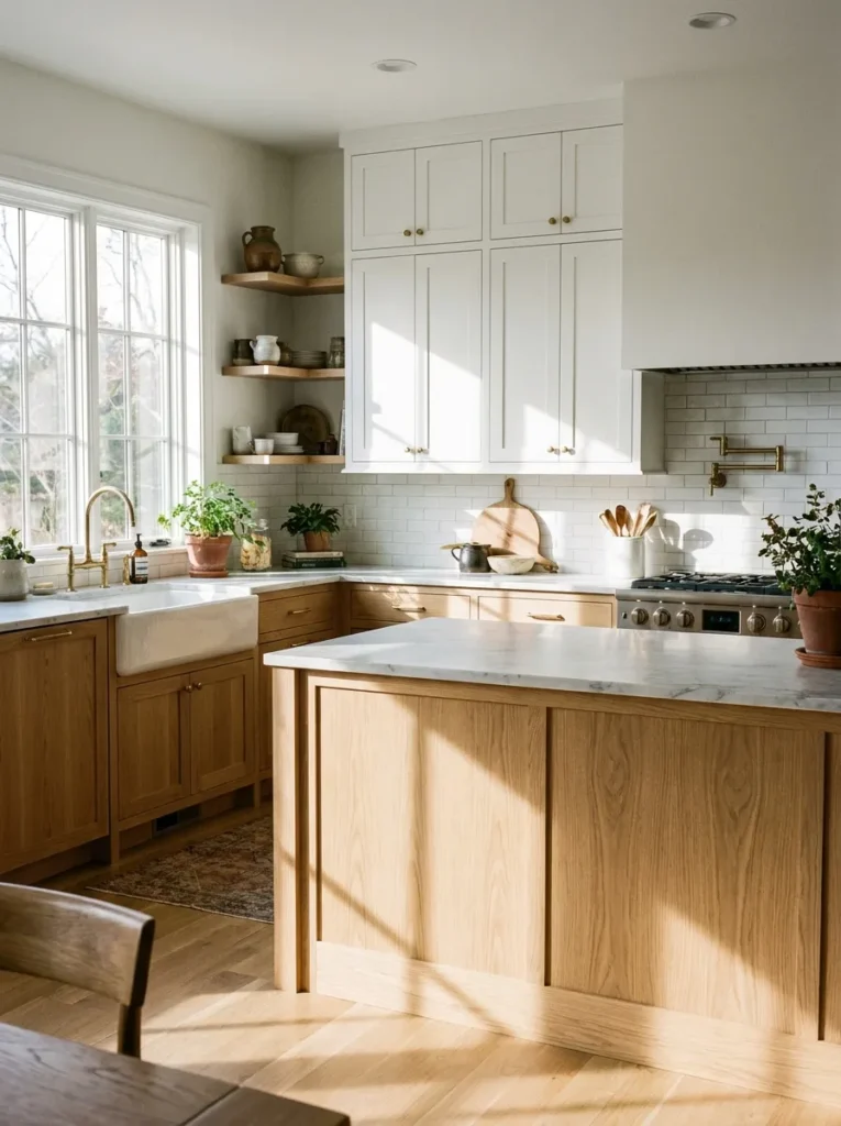 Two tone kitchen featuring white upper cabinets and natural wood lower cabinets