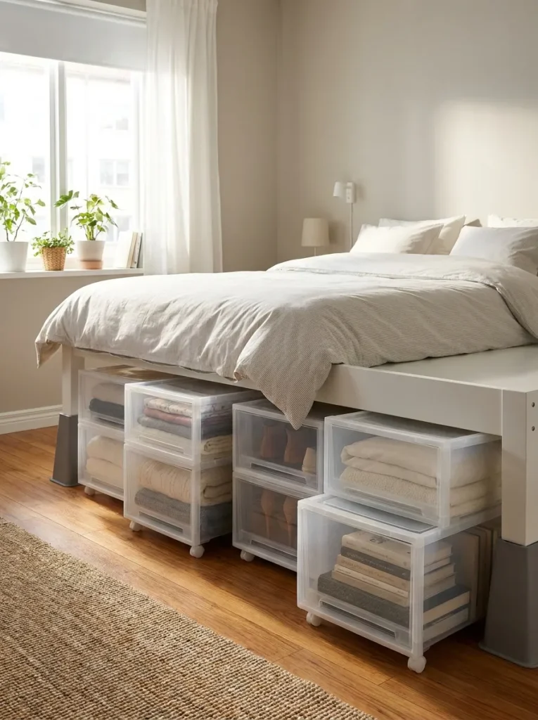 Rolling clear storage bins tucked under a bed in a small room