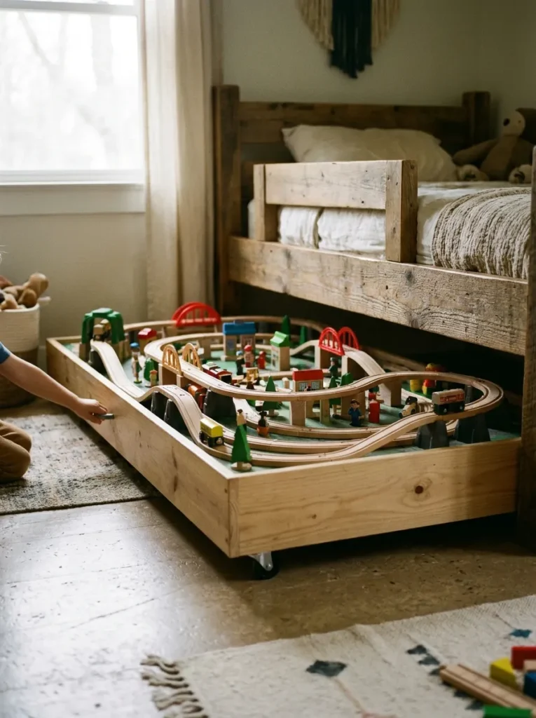 Low rolling plywood trundle board for train tracks under a bed