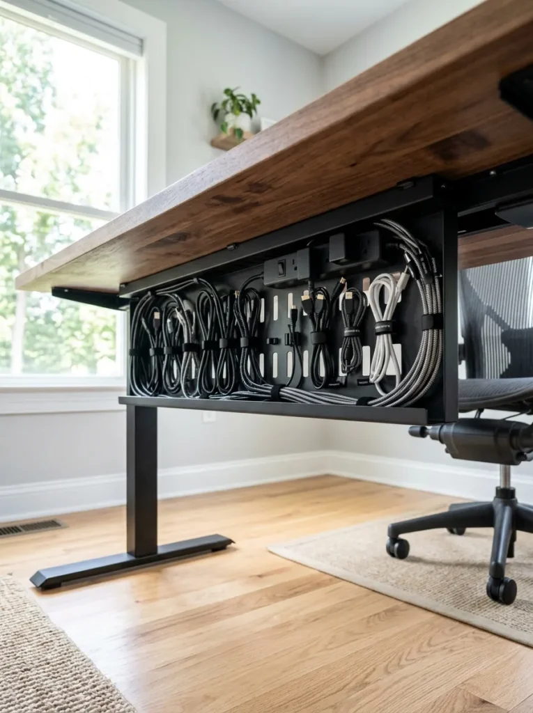 Under desk cable management tray concealing electrical wires cleanly