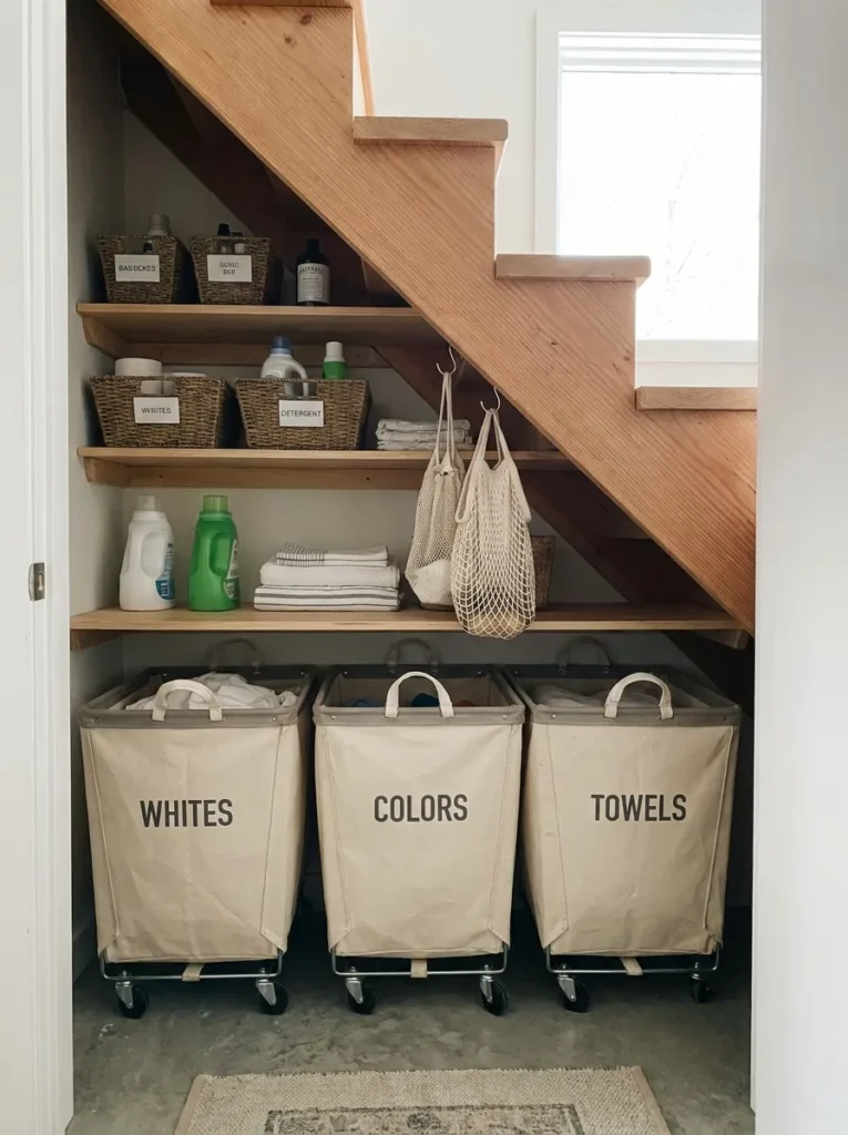 Rolling canvas laundry sorter bins tucked into a low under stairs wedge