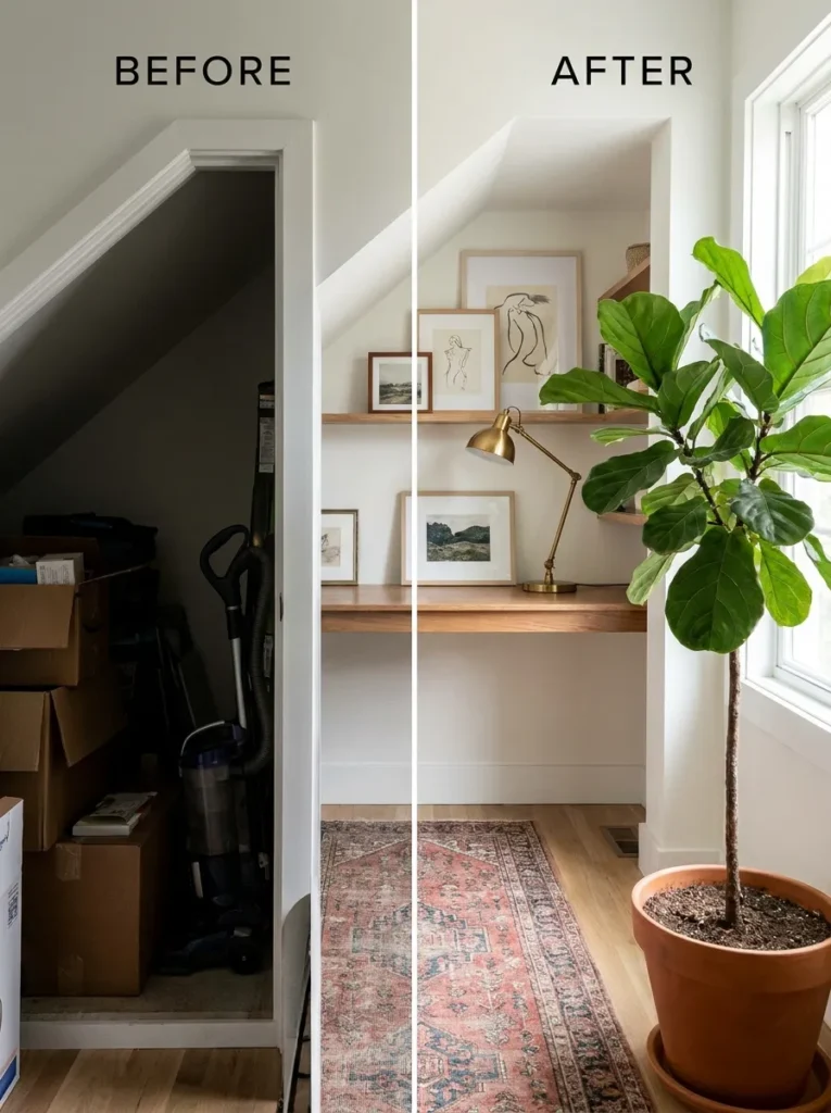 Fully styled under stairs home office nook with a vintage runner rug