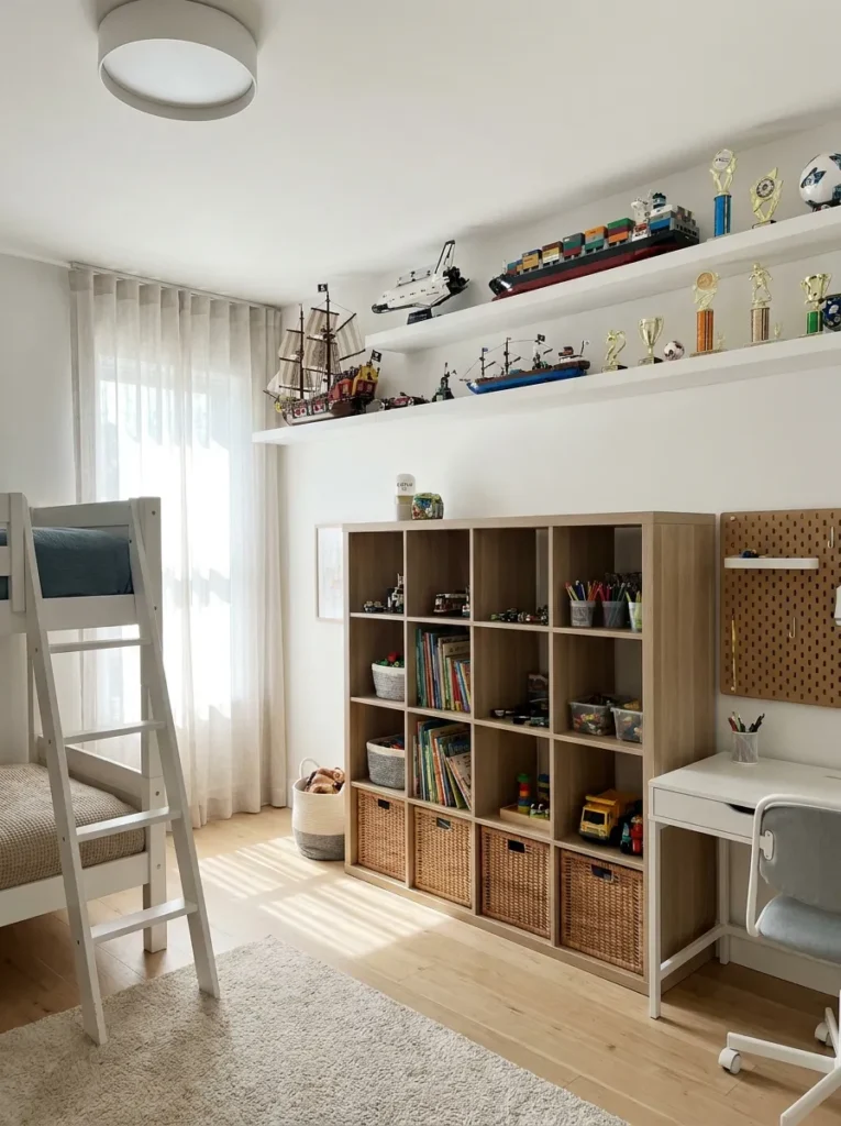 High perimeter floating shelves displaying toys in a kid's room