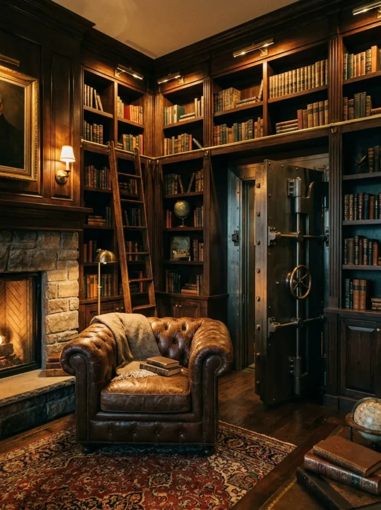 Tufted tobacco leather chair offering warm and cozy library seating