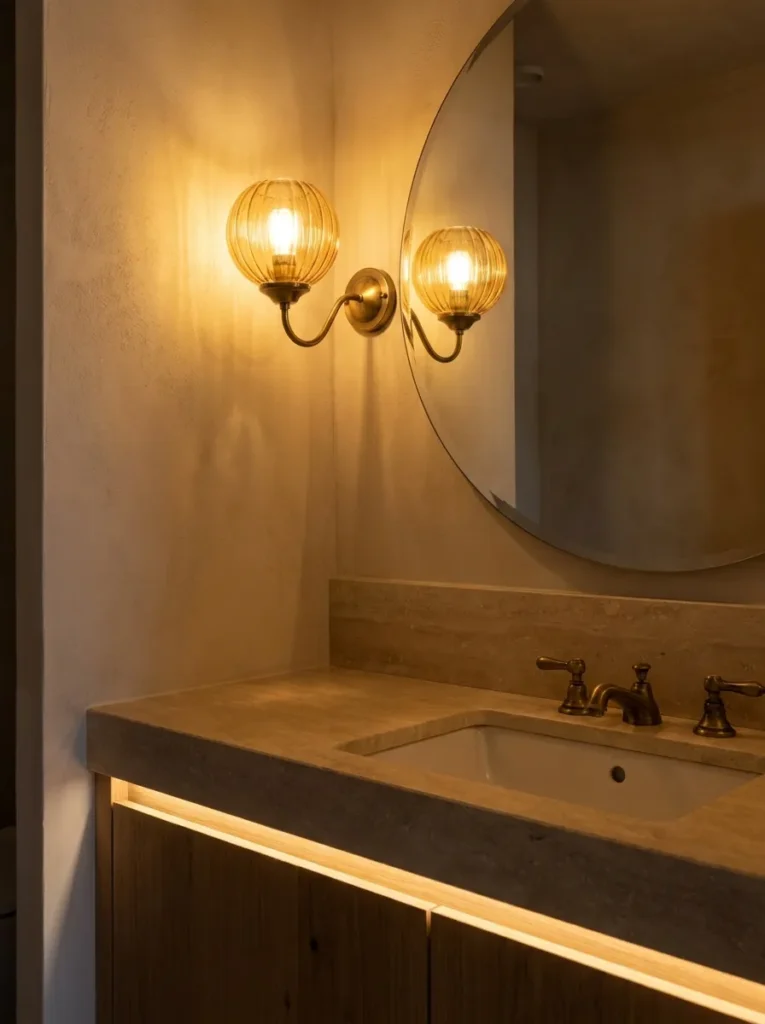 Symmetrical brass sconces with amber glass globes illuminating a vanity wall