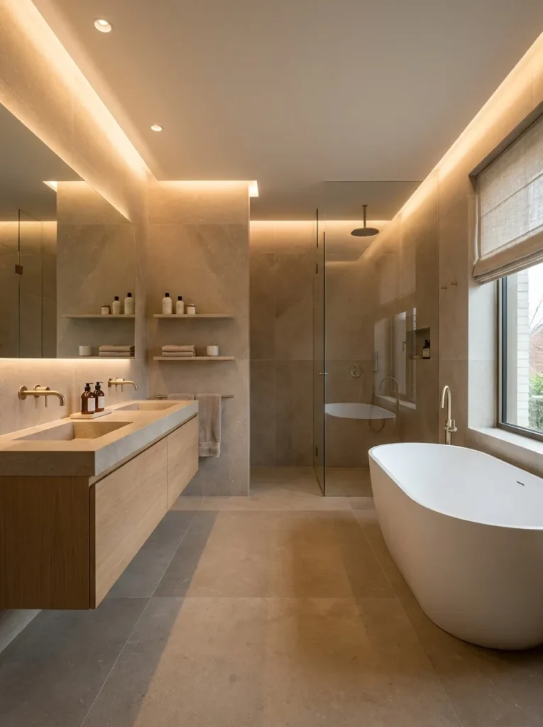 Integrated warm taupe limestone floor and walls in a minimalist bathroom