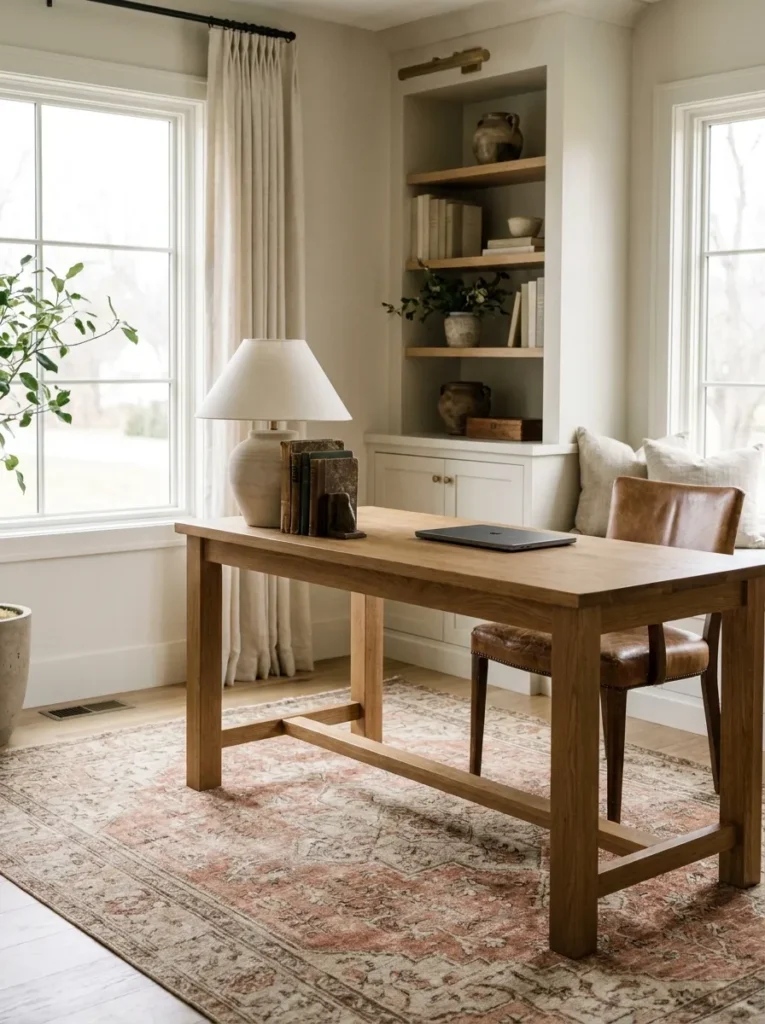 Muted terracotta vintage rug under an oak desk providing warm neutral office decor