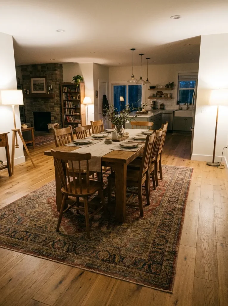Washable vintage rug anchoring a dining table in an open concept layout