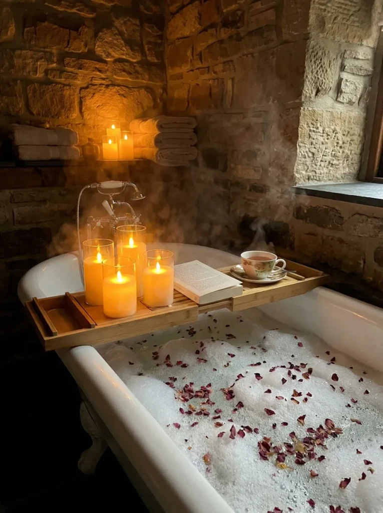 Waterproof flameless LED candles flickering warmly on a dark wood bath tray