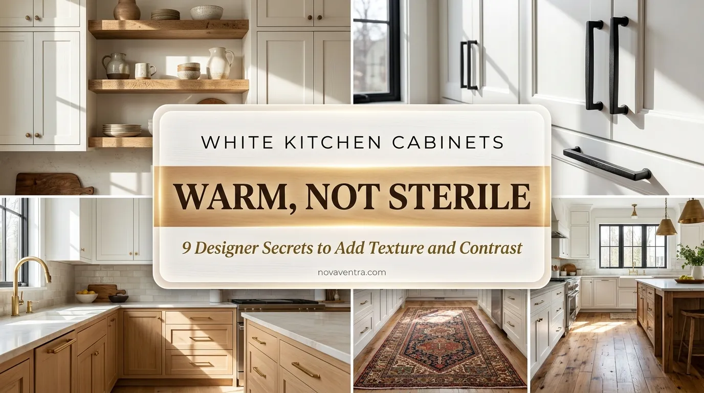 White kitchen cabinet ideas featuring warm wood accents, black and brass hardware, glass front doors, and vintage runner rugs.