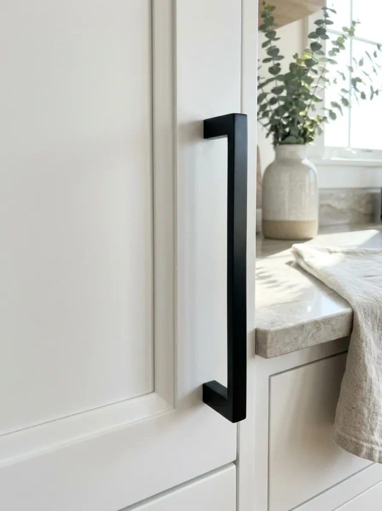 Sleek matte black bar pull on a crisp white kitchen cabinet door