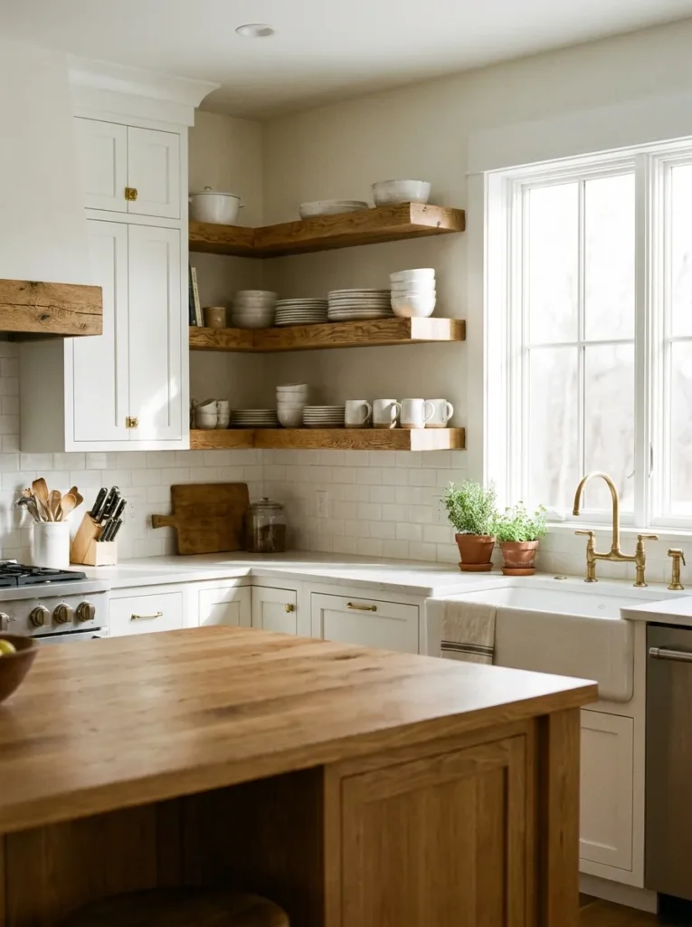 Thick raw oak floating shelves paired with white kitchen cabinets