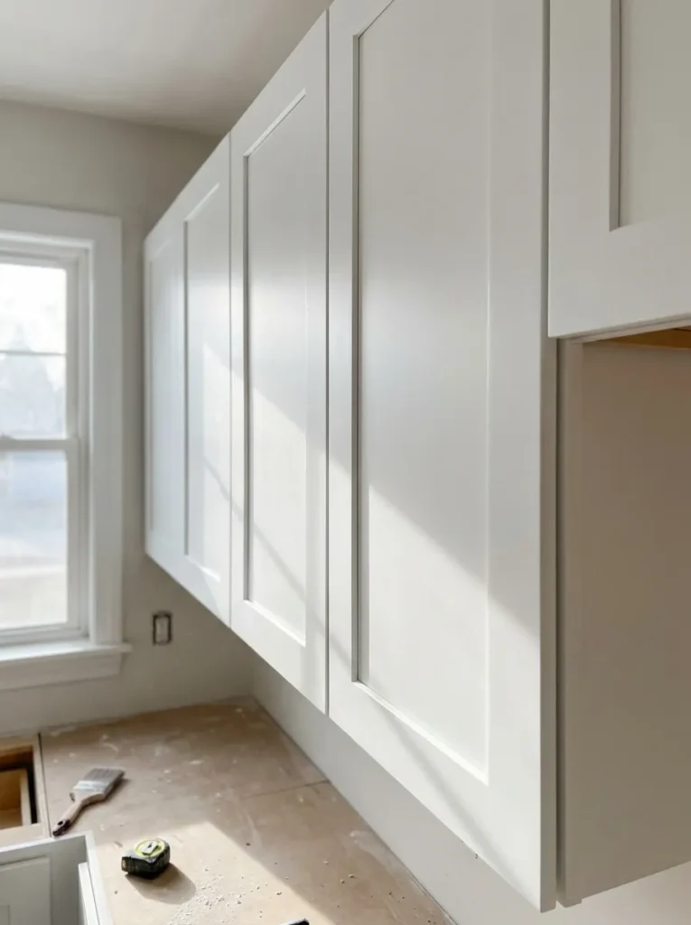 Freshly painted white shaker cabinet doors showing architectural depth
