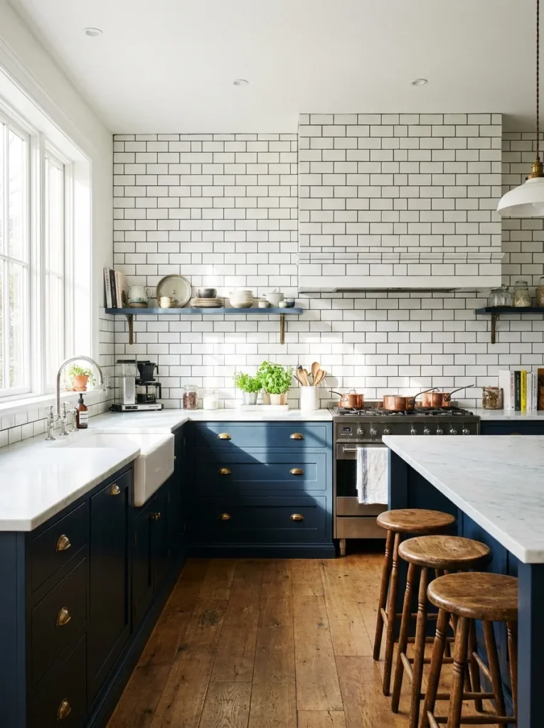 White subway tile with dark grout paired with navy blue cabinets