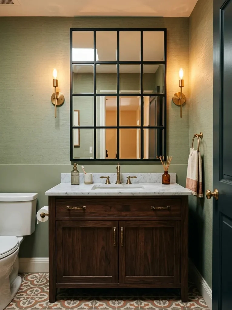 Black iron windowpane style mirror divided into a grid of square panes