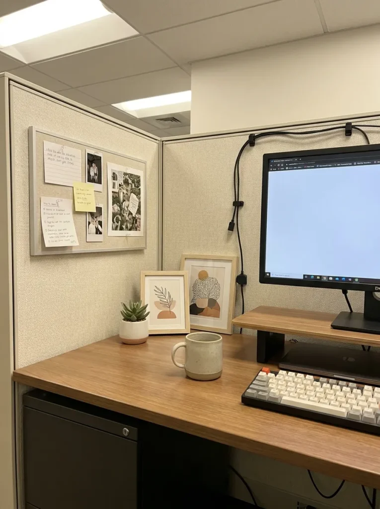 Linen textured peel and stick wallpaper applied to a work desk aesthetic office cubicle partition