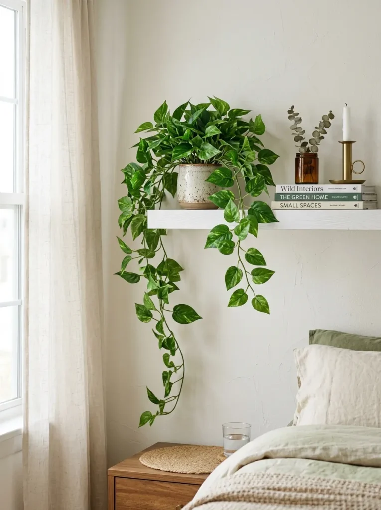 Faux trailing pothos plant styling a white floating wall shelf