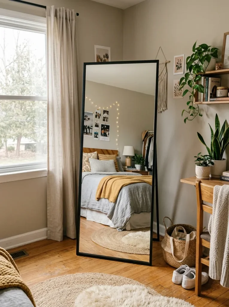 Full length black metal framed floor mirror in a bright bedroom