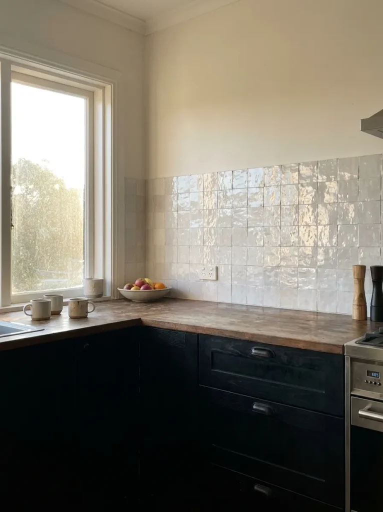 Glossy white Zellige tile reflecting light in a dark cabinet kitchen