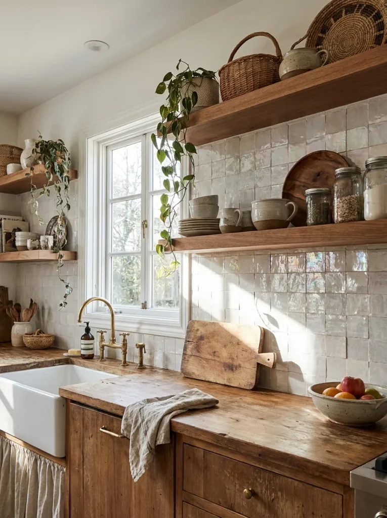 Glossy white Zellige tile reflecting light in an aesthetic boho kitchen