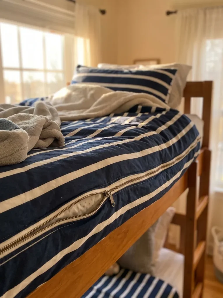 Navy blue zipper bedding for bunk beds on a top bunk mattress