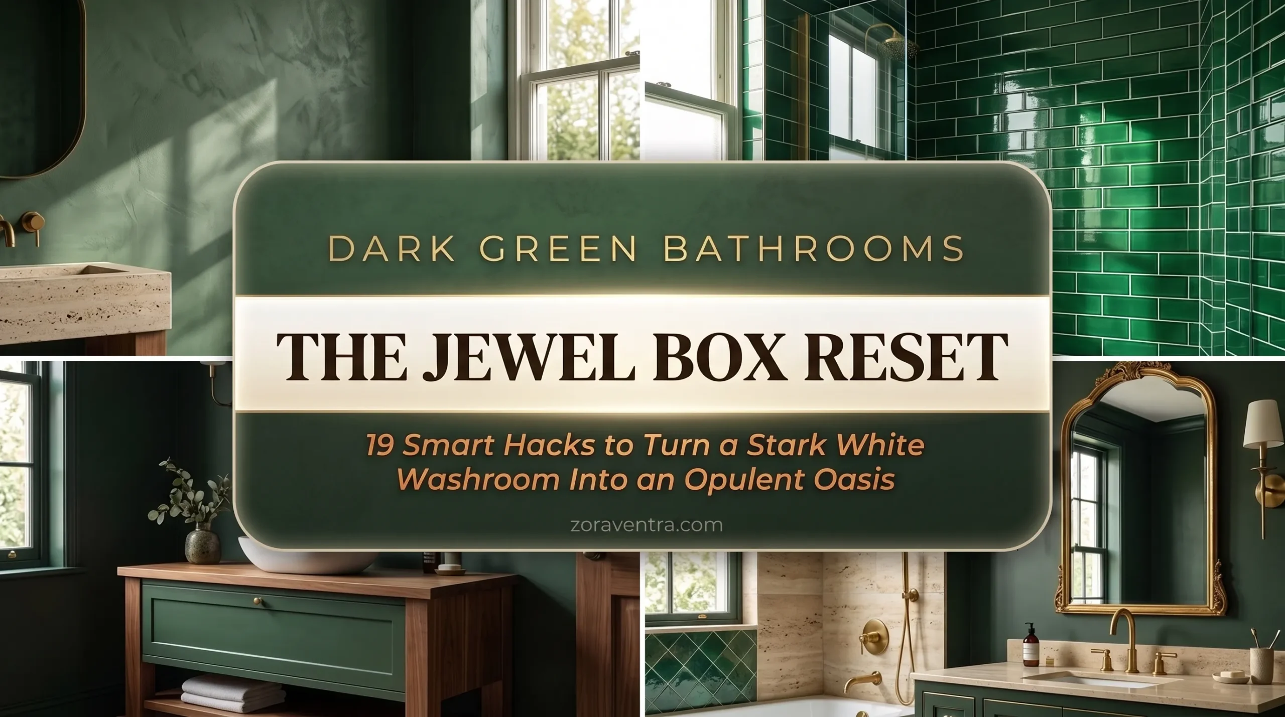 Dark green bathroom decor ideas featuring forest green Roman clay walls, high-gloss emerald subway tiles, walnut vanities, and unlacquered brass gold hardware.