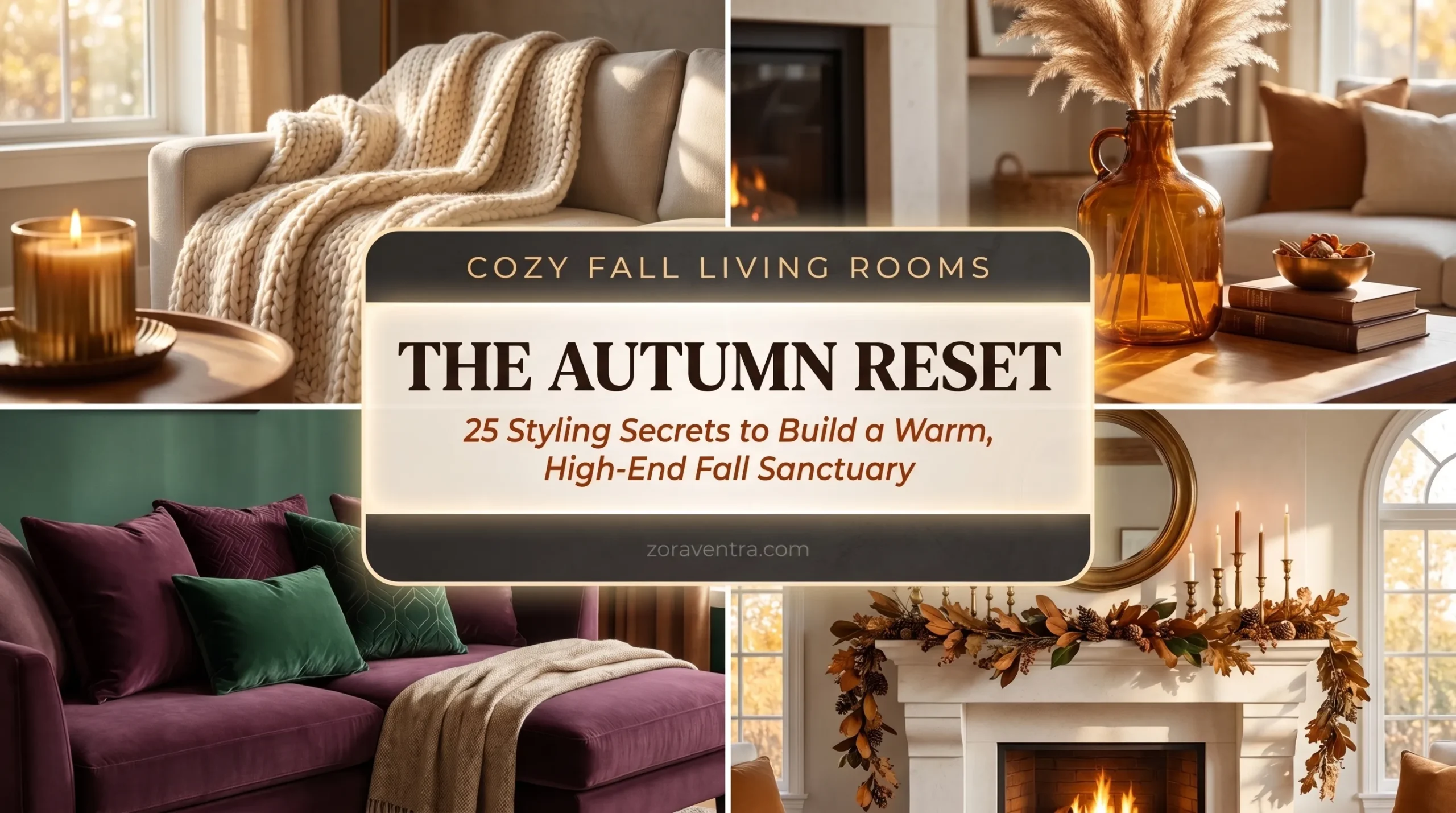 Cozy fall living room decor ideas featuring chunky knit blankets, vintage amber glass pampas vases, velvet jewel-toned pillows, and natural dried leaf mantel garlands.