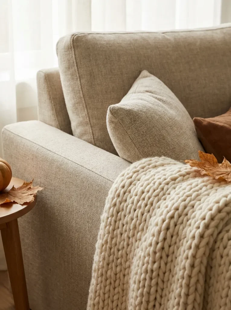 Thick cream chunky wool knit throw blanket draped over a modern sofa arm