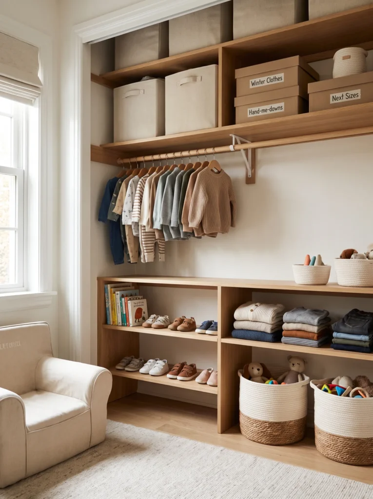 Organised toddler wardrobe with child-friendly lower storage and upper shelves for seasonal items.