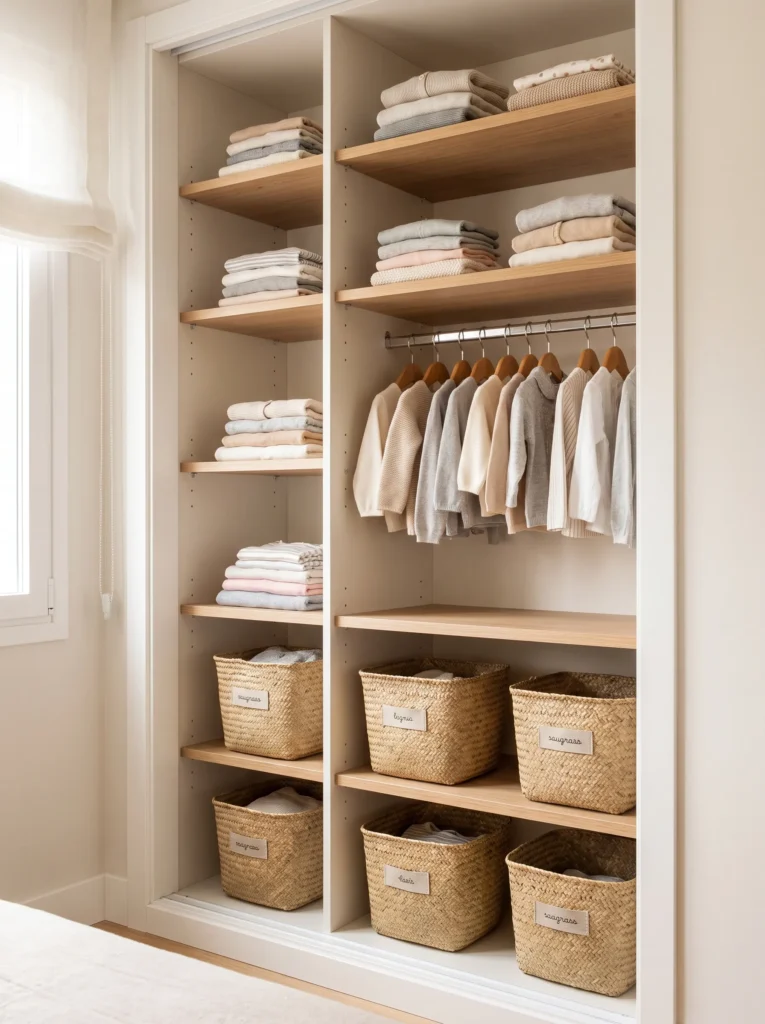 Toddler wardrobe with adjustable shelves and flexible storage compartments.