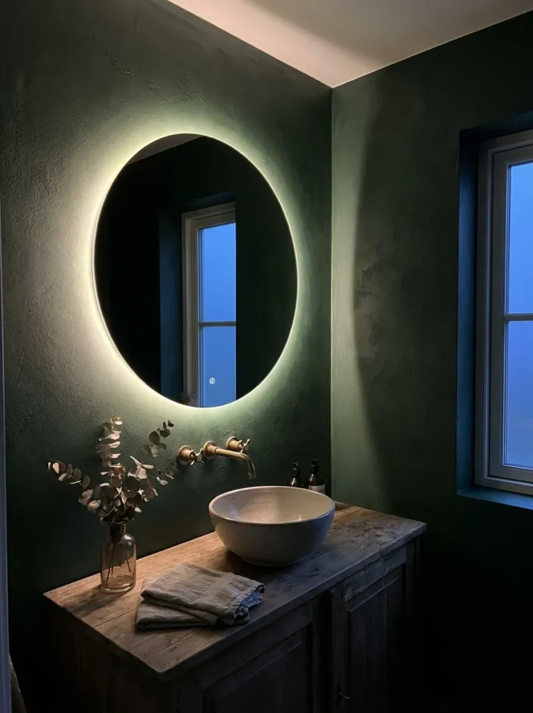 Round vanity mirror with a glowing white LED backlit halo ring on a dark wall