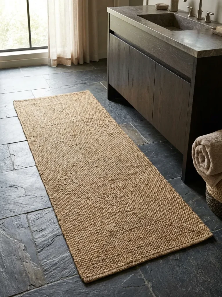Textured tan woven jute runner rug on dark bathroom floor tiles