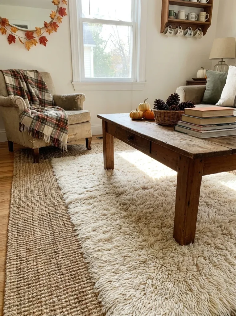 High pile cream wool rug layered over a large natural jute area rug