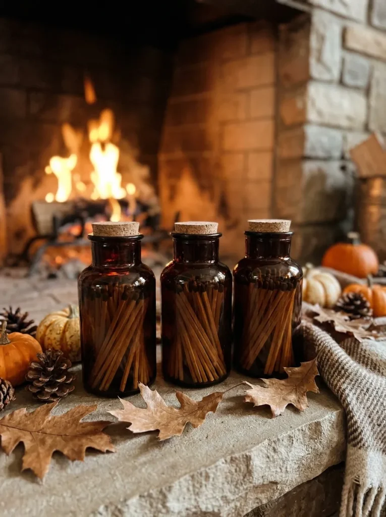 Deep espresso tinted glass apothecary jars organizing long fireplace matches on a hearth