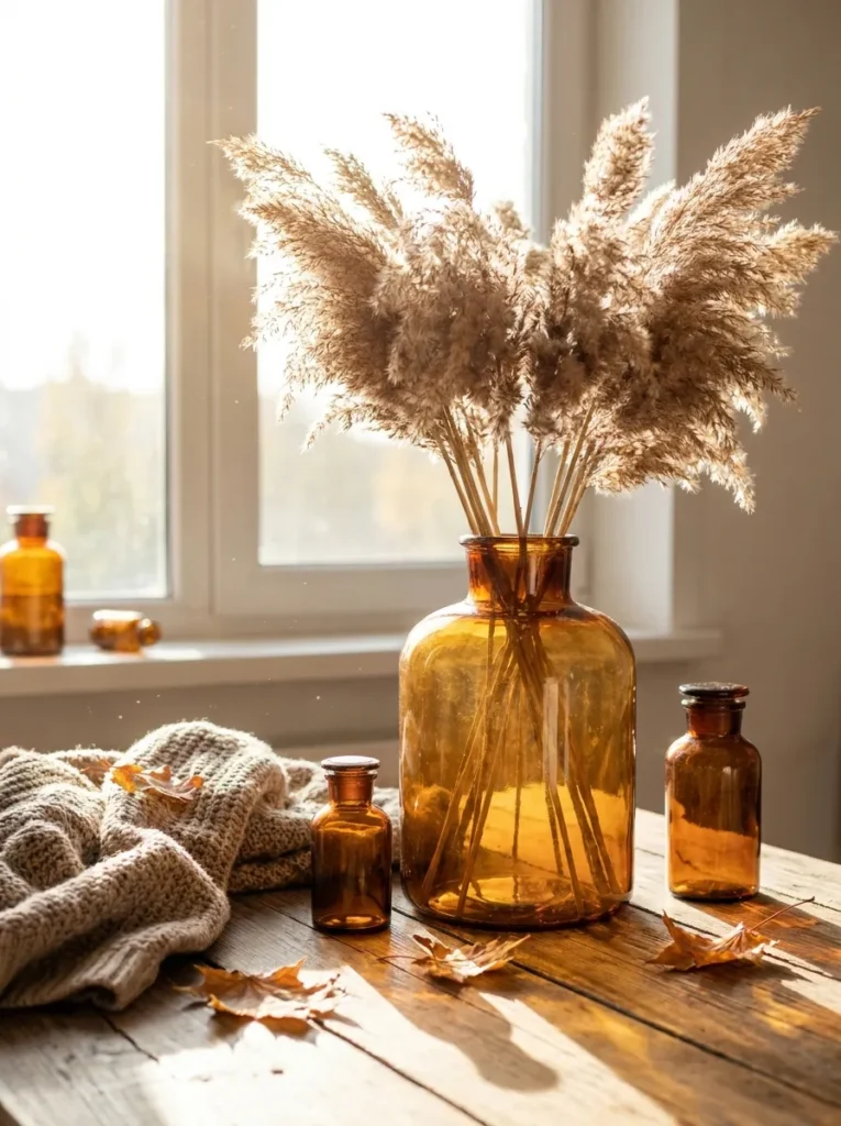 Vintage amber glass vase holding dried pampas grass on a wooden coffee table