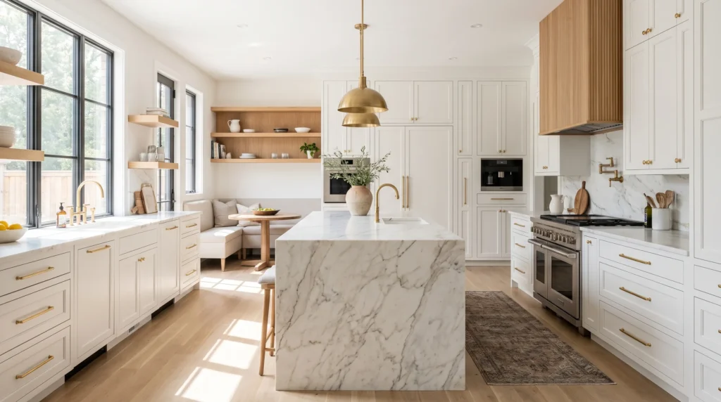 Modern kitchen with white cabinets, wood accents, and marble countertops showing timeless white kitchen design