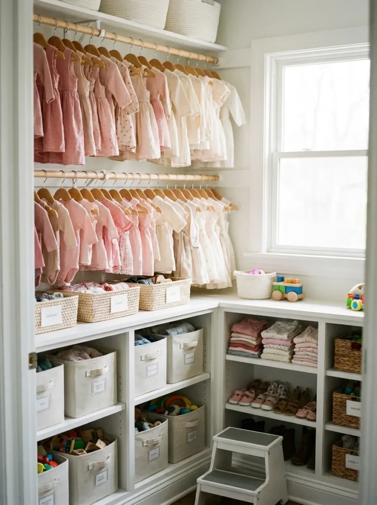 Double hanging rods inside a children's closet organizing tiny pink and cream dresses