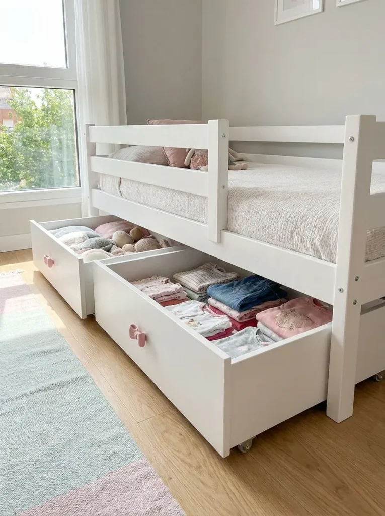 White storage drawers on wheels with pink bow handles pulling out from under a bed