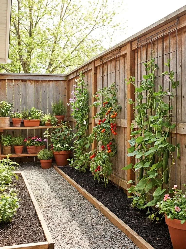 Wooden backyard fence supporting climbing vegetables on black metal trellises.