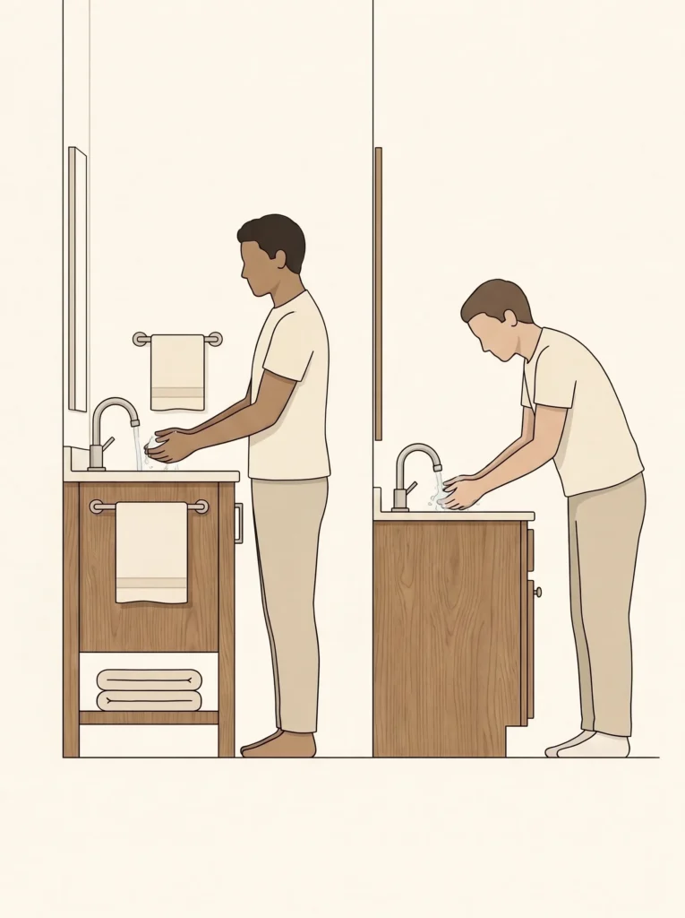Comparison showing standard and comfort-height bathroom vanity dimensions.