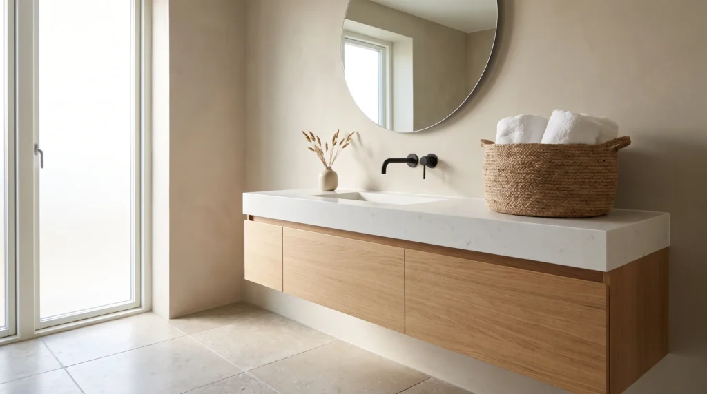 Modern bathroom with a perfectly sized floating vanity and minimalist Scandinavian design.