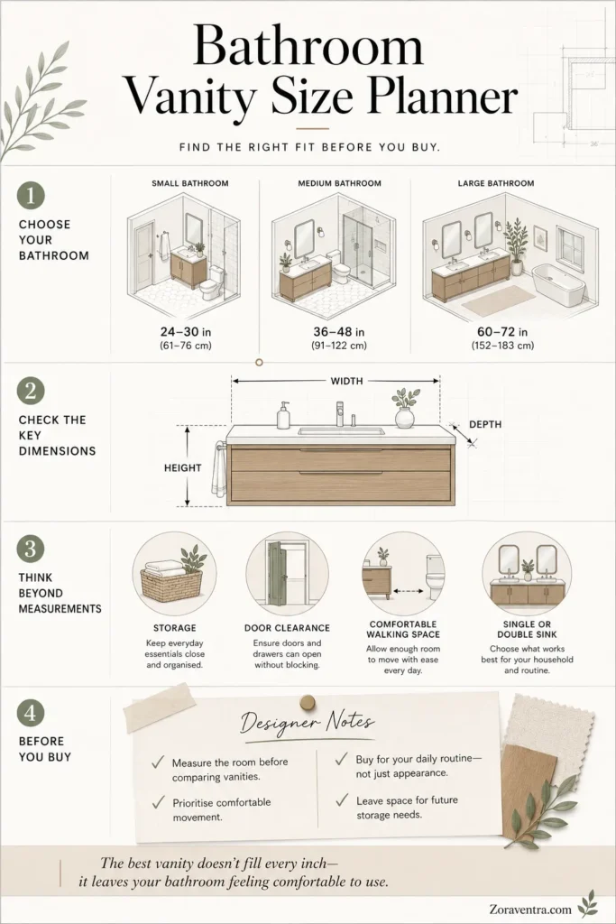 Bathroom vanity size planner infographic showing recommended vanity widths for different bathroom sizes, key dimensions to measure, layout planning tips, and essential considerations before choosing a bathroom vanity.