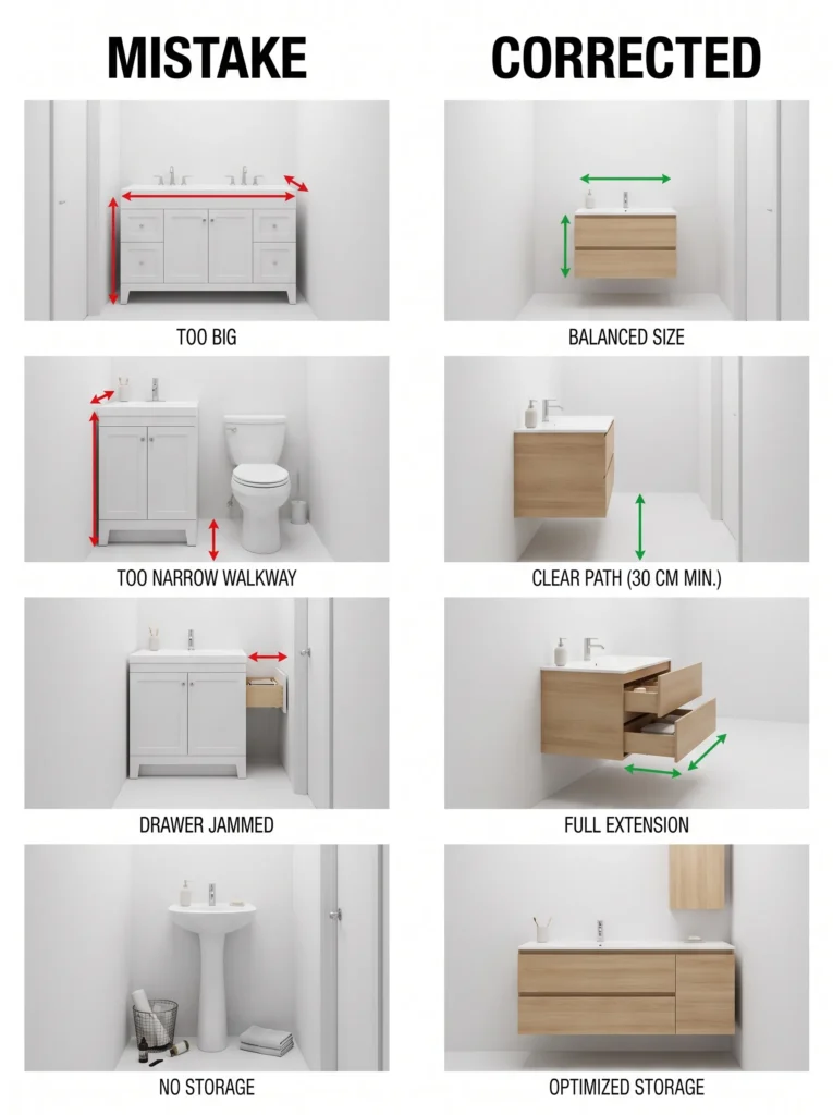 Illustration of common bathroom vanity sizing mistakes and better layout solutions.